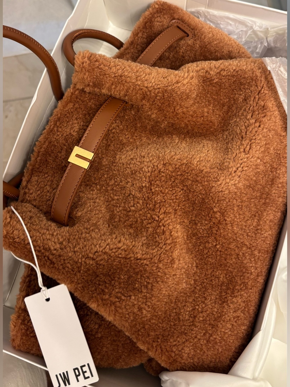 JW PEI Cognac Faux Shearling Tote with Leather-Style Handles - Picture 3 of 6